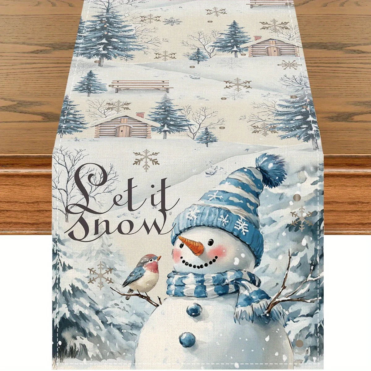 1pc Christmas Table Runner Let It Snow Snowman Design, Winter Holiday Dining Table Decor for Farmhouse Kitchen Home