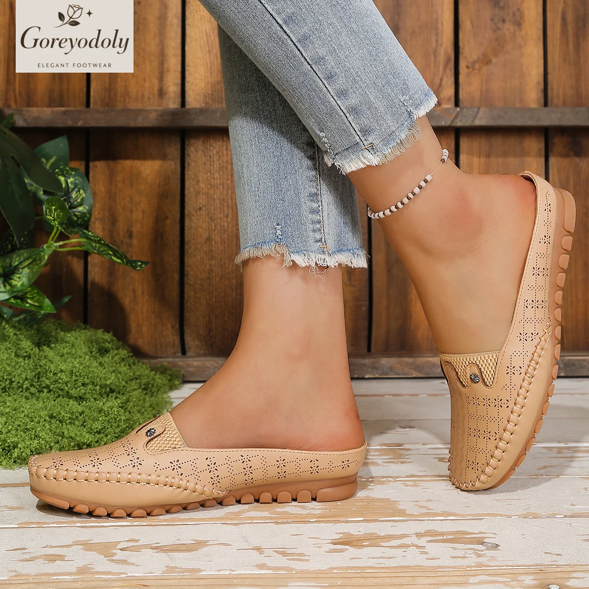 Goreyodoly women mule flats cutout design flower detail elastic slip on wide fit lightweight soft sole comfort shoes