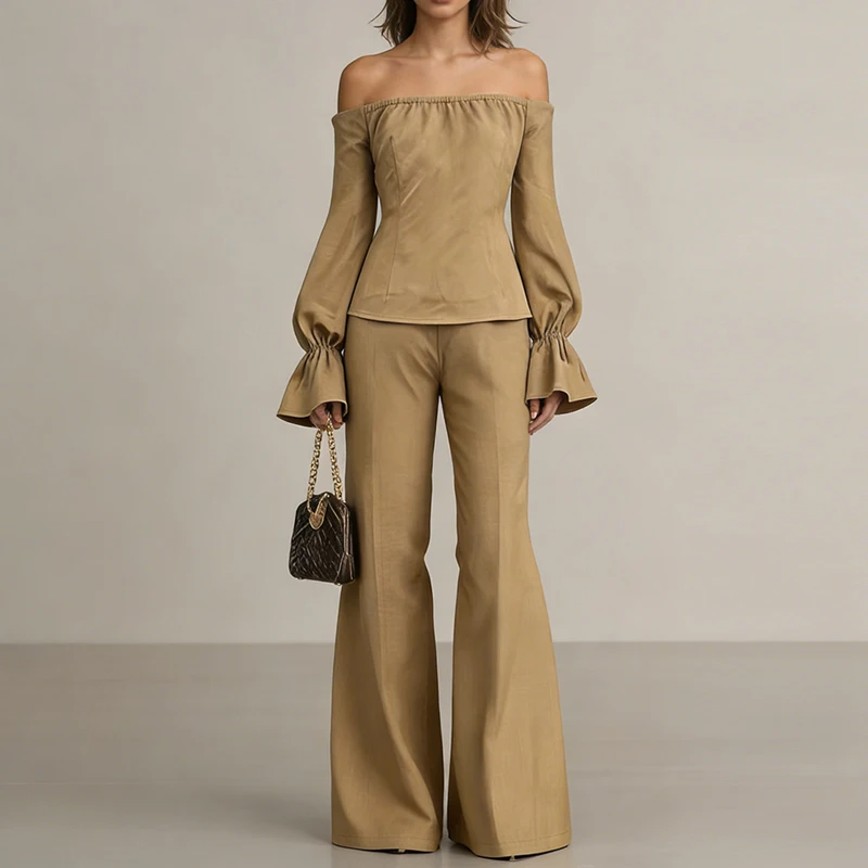 

Spring Summer New High Waist Pants Set New Puff Sleeve Off Shoulder Tops&Pants 2 Piece Set Lady Solid Color Slim Commute Outfits