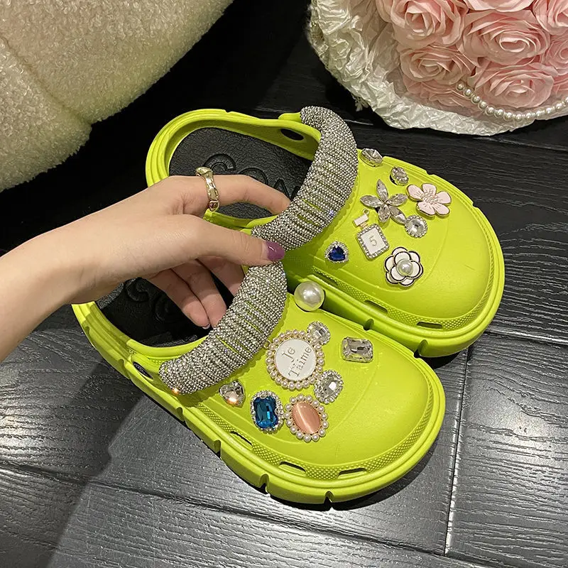 Bling Rhinestone DIY Decor Vented Clogs Women Fashion Slides Platfrom Outdoor Beach Sandals Summer Girls Street Slippers