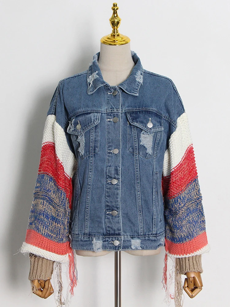 CHICEVER Colorblock Patchwork Knitted Tassel Jacket For Women Lapel Long Sleeve Casual Streetwear Denim Coats Female Fashion New - Image 3