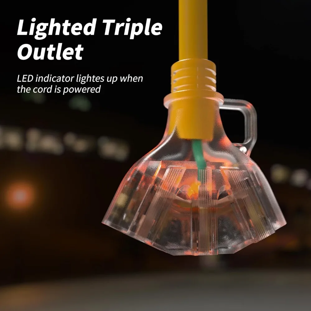 

Уличный удлинитель 50 футов с несколькими розетками, всепогодный, усиленный, желтый, 12AWG, 15А, 1875Вт, SJTW, сертифицирован ETL