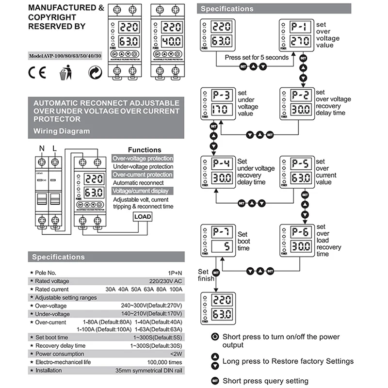 Een Dual Display 40A 63A 230V Din Rail Verstelbare digitale Over-onderspanningsrelais Overspanningsbeveiliging Limiet Overstroombeveiliging