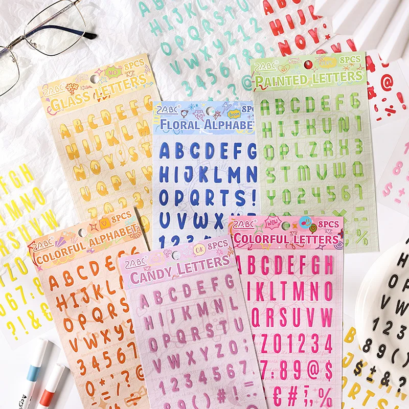 Alphabet Stickers 8 Sheets Alphabet Stickers Self-Adhesive Number Alphabet PET Waterproof Stickers Labels DIY Crafts Art Making