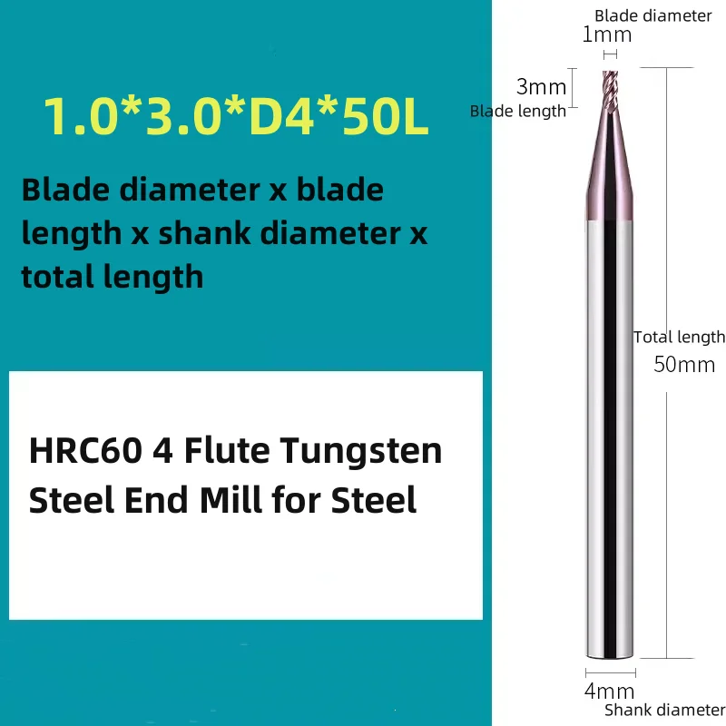 HRC60 4 Flute Tungsten Carbide Nano Coating End Mill CNC Engraving Machine Milling Cutter 11x30x12x75 7x20x8x60 13x45x14 x100