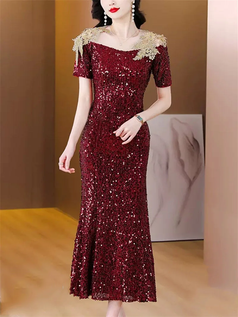 

High End Wedding Dress For Mother Fashion Slim Summer O-Neck Short Sleeve Sequin Fishtail Dress Women Elegant Party Vestido Z950