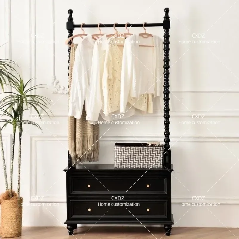Solid Wood Coat Rack with Storage Shelf Floor Standing Clothes Hanger Integrated Bedside Table for Bedroom Home Organization