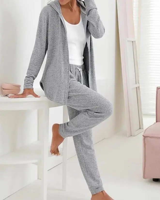 Two Piece Set Women Outfit 2023 Spring Fashion Casual Plain Long Sleeve Hooded Top & Drawstring High Waist Daily Long Pants Set