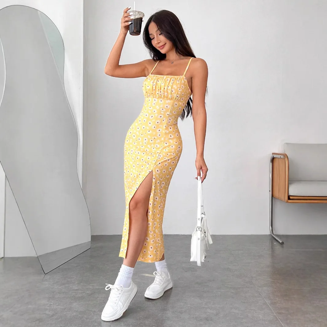 2025 Wiosna/lato Sukienka damska z szelkami, owinięta w klatkę piersiową, rozcięcie, mała stokrotka, nadruk owinięty biodrami, sukienka średniej wielkości