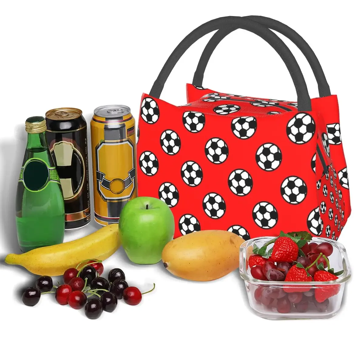 Soccer Ball With Red Background Pattern Lunch Bags Insulated Bento Box Lunch Tote Picnic Bags Cooler Thermal Bag for Woman Kids