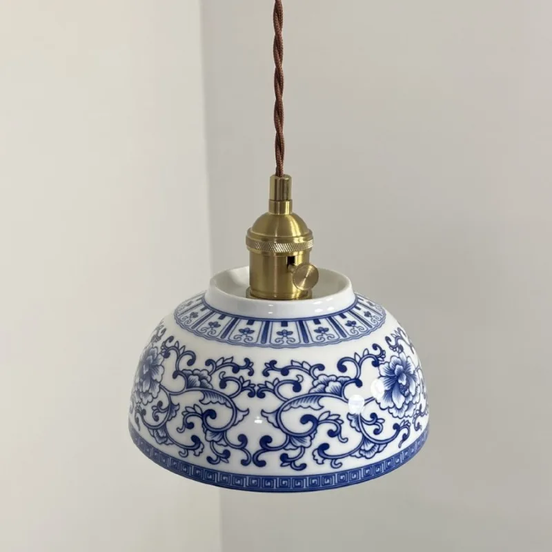 Blue and white Japanese-style retro glazed printed ceramic chandelier, medieval style entrance entrance aisle bedroom