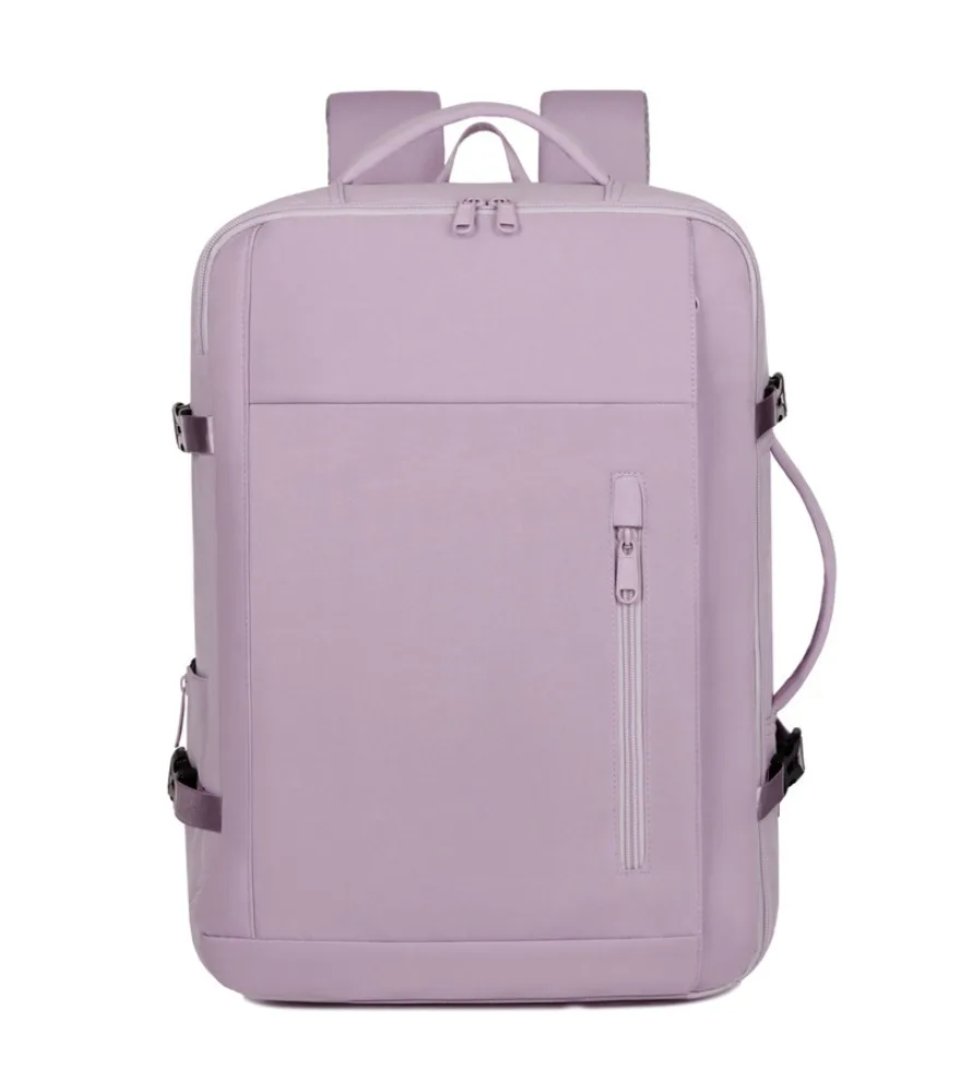 Light pink minimalist backpack with vertical side zipper adjustable side buckles smooth waterproof surface for travel school
