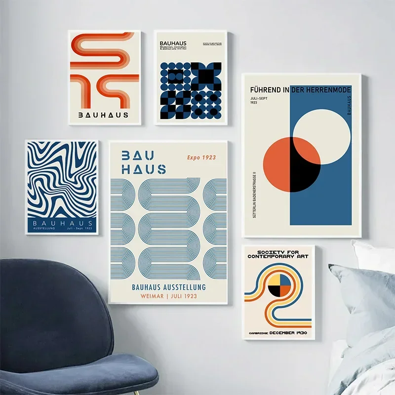 ملصق باوهوس مجردة باللون الأزرق ، خطوط هندسية شمالية لوحة قماشية ، صورة مطبوعة ، فن جداري لغرفة النوم الحديثة ، ديكور المنزل #4