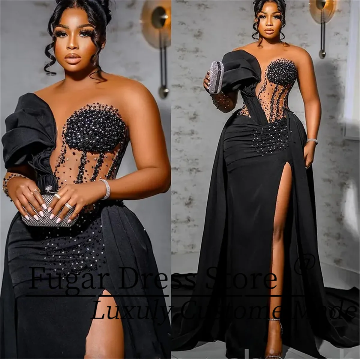 Arabic Aso 2024 Ebi Black Mermaid Prom Dresses Beaded Crystals Evening Party Second Reception Birthday Engagement Gowns Dress