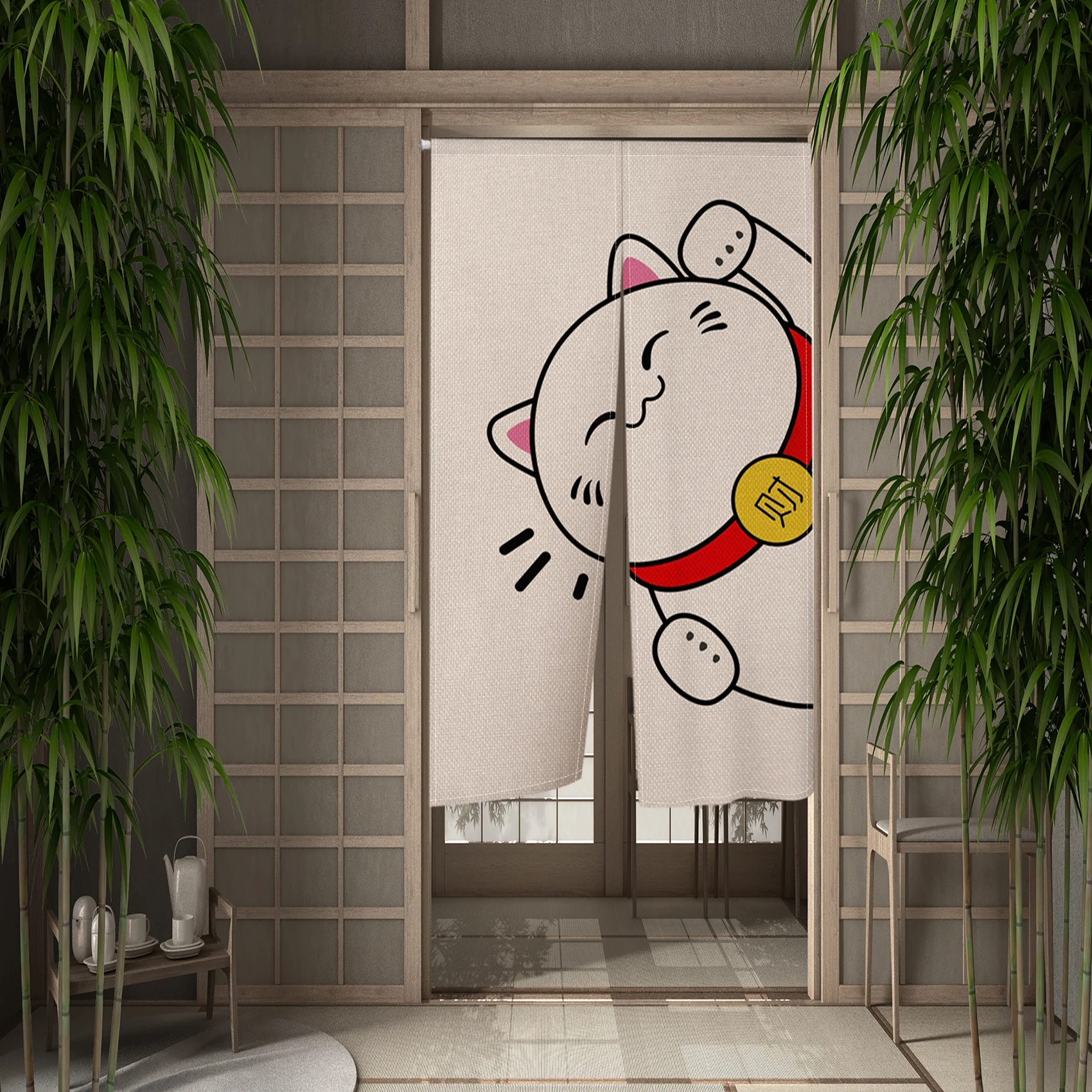 Lucky Cat Japanese Style Door Curtain Attracts Good Luck for Home Partition Doorway Hanging Split Half Curtain Shop Front Decor