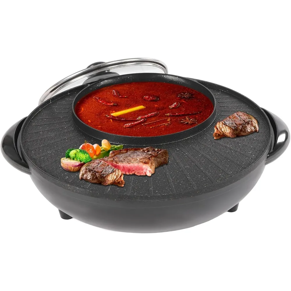 2-in-1 Electric Circular Hotpot Grill Combo Smokeless BBQ Party Electric Hot Pot W/Divider Indoor Frying Pan and Hot Pot W/ Lid