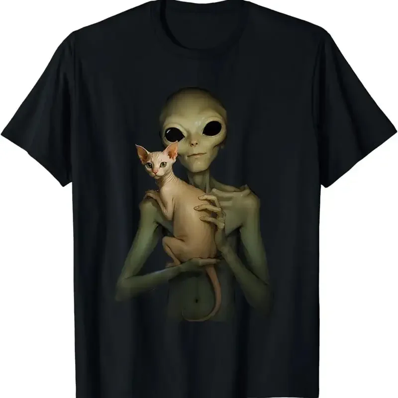 Alien With Sphynx Cat Funny T Shirt S To 5Xl