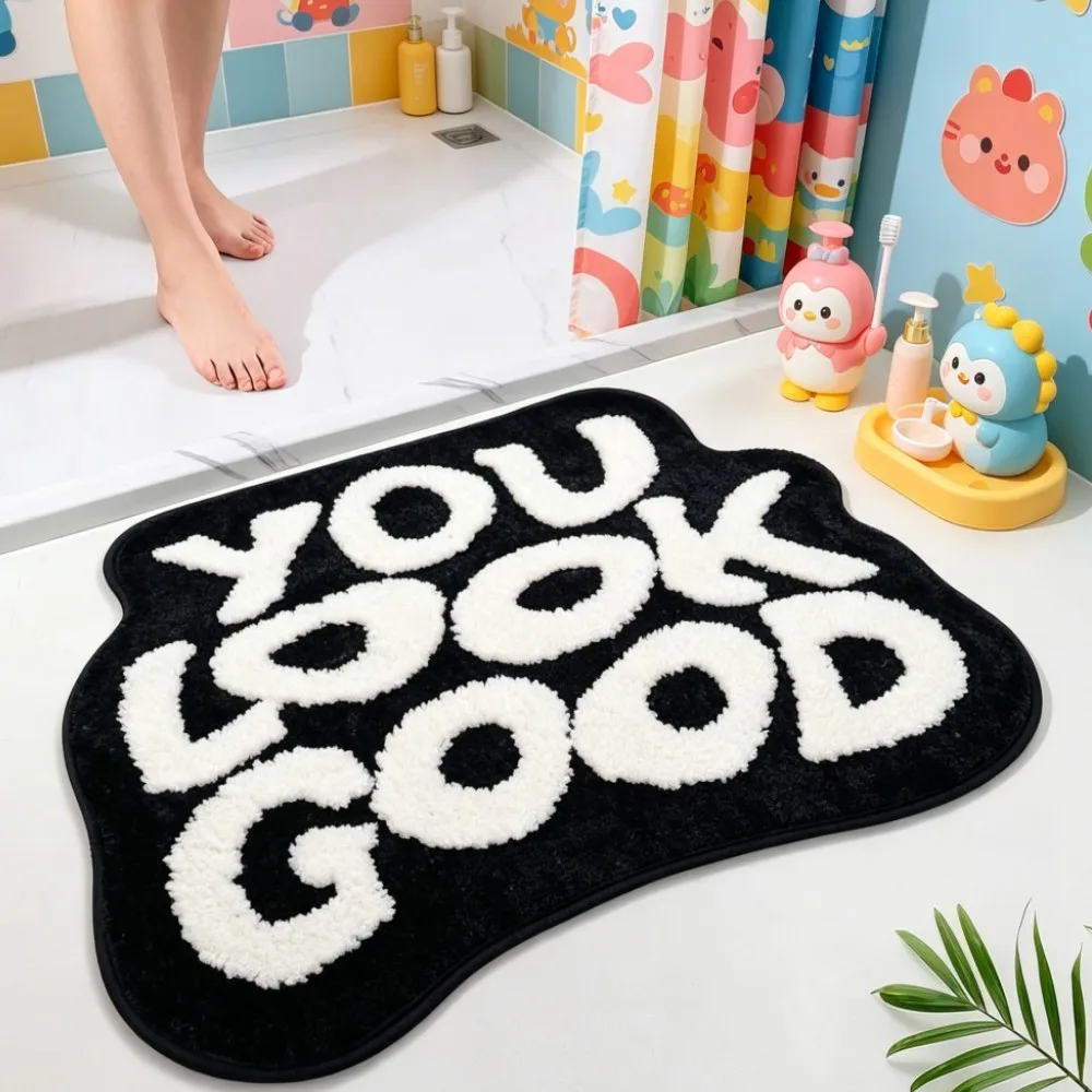 Black White 'You Look Good' Tufted Bath Mat INS Soft Plush Non-Slip Absorbent Bedside Rug Aesthetic Home Decor Doormat Gift