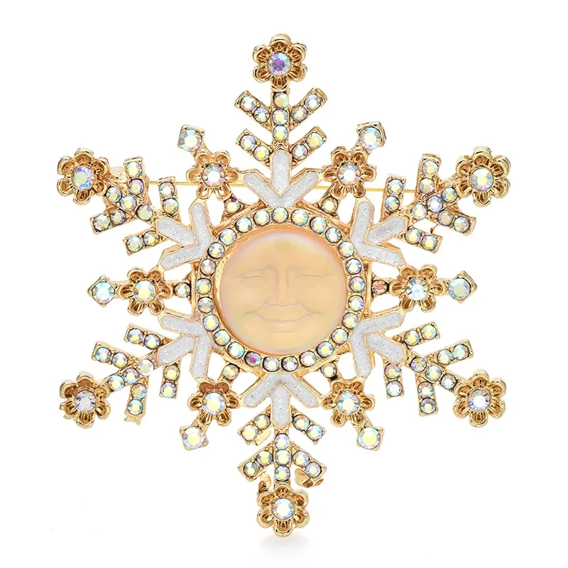 Wuli&baby Big Smile Face Snowflake Brooches For Women Rhinestone White Enamel Winter Flower Party Brooch Pins Gifts