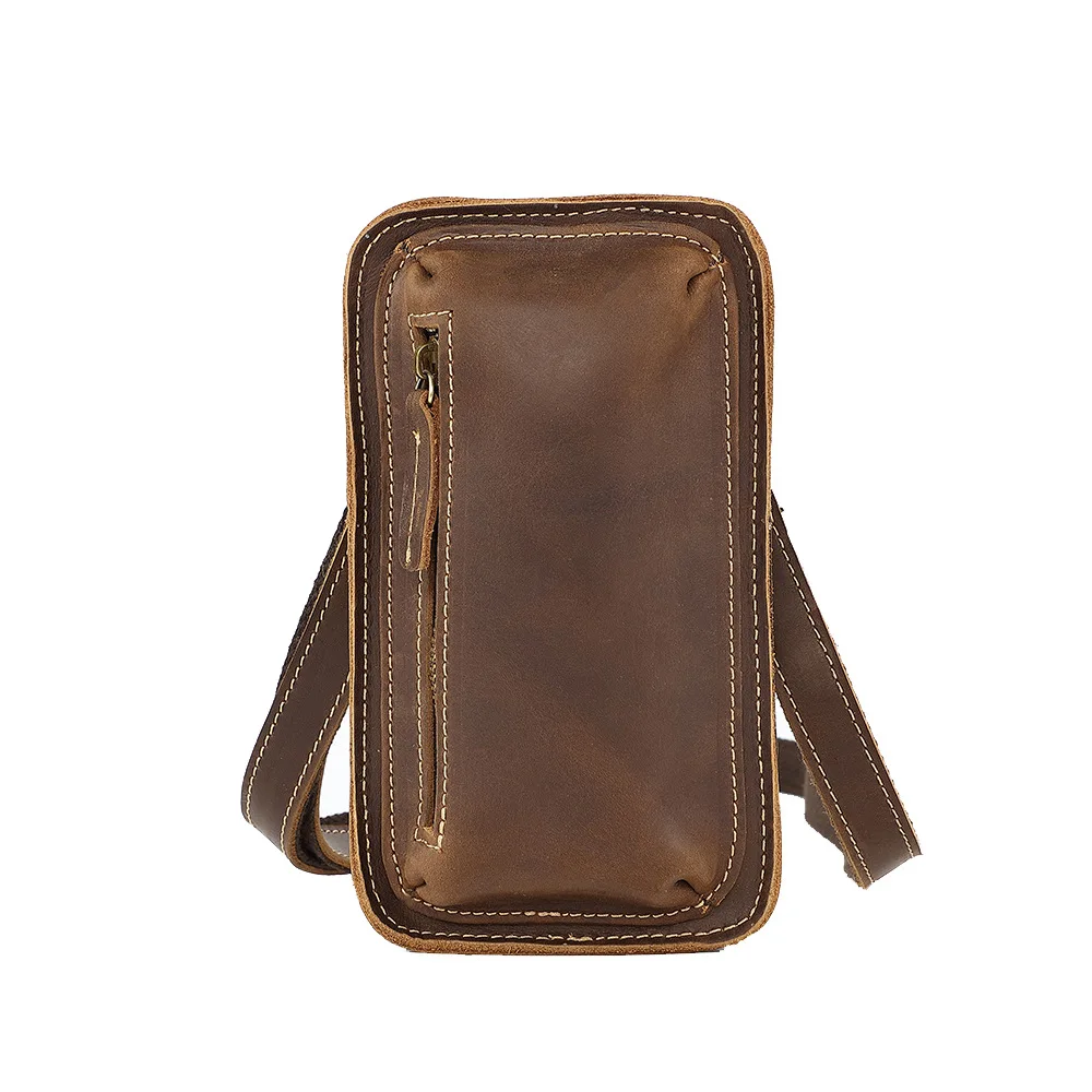 Vintage Crazy Horse Leather Crossbody Bag Men's Belt Loop Waist Pack Genuine Cowhide Mini Phone Pouch Trendy Retro Purse