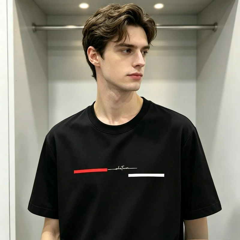 Minimalist Red Black White Line Print Men T-Shirt 100% Cotton Modern Graphic Tee Casual Streetwear Weekend Hangout Top