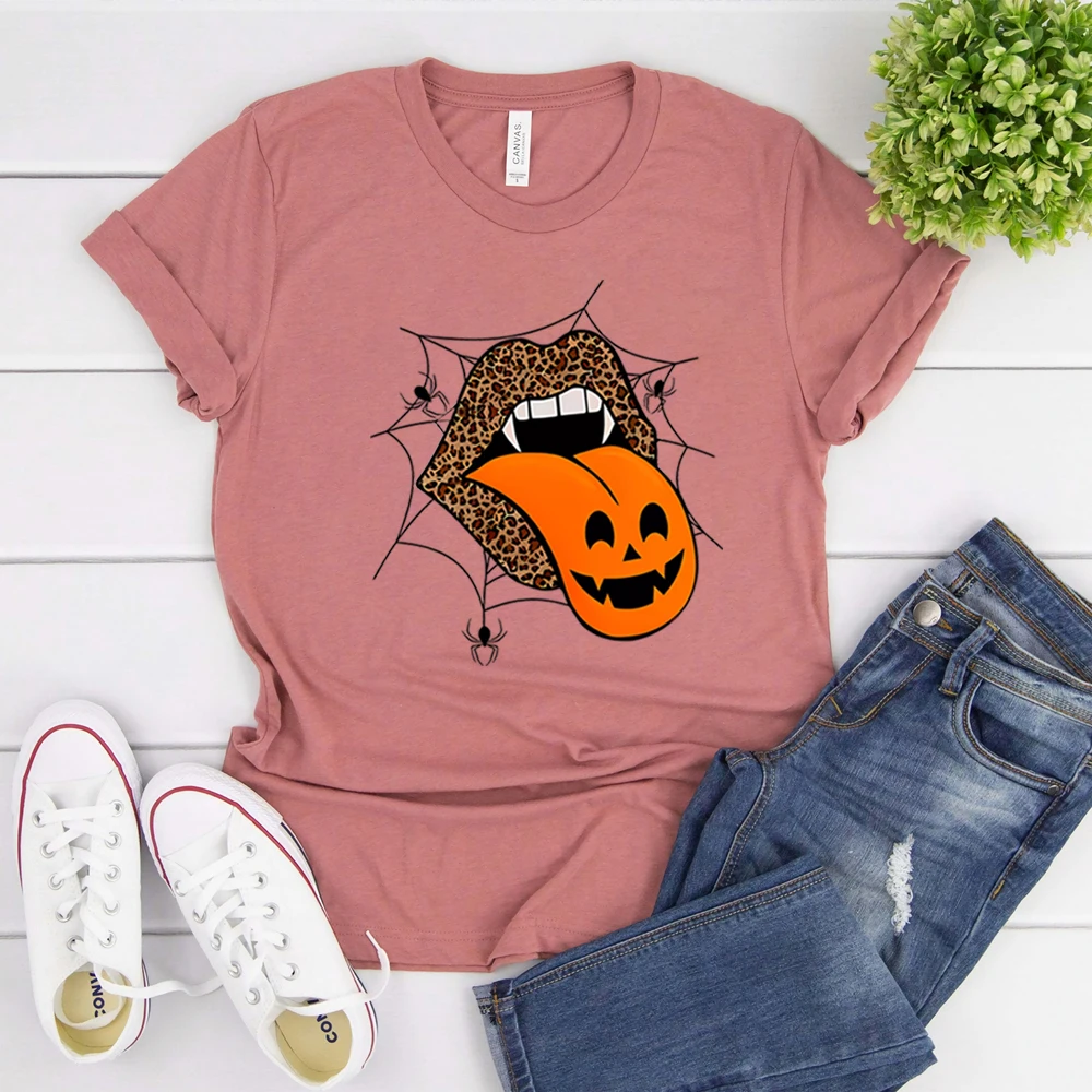 Halloween T-shirt Leopard Rolling Tongue Lips Shirt Pumpkin Autumn Spooky Season Vampire Witch Tees Vintage Halloween Party Tops