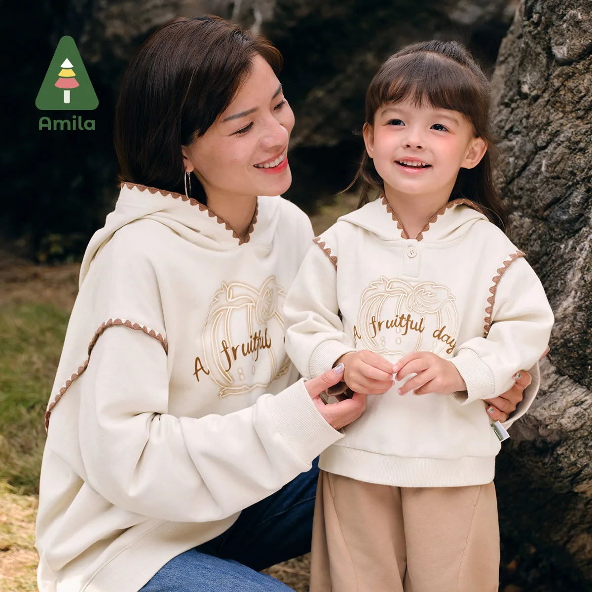 Amila Mother And Daughter Sweatshirt 2024 Autumn New Color Contrast Hooded Cotton Soft  Warm Loose Casual Parent-Child Wear