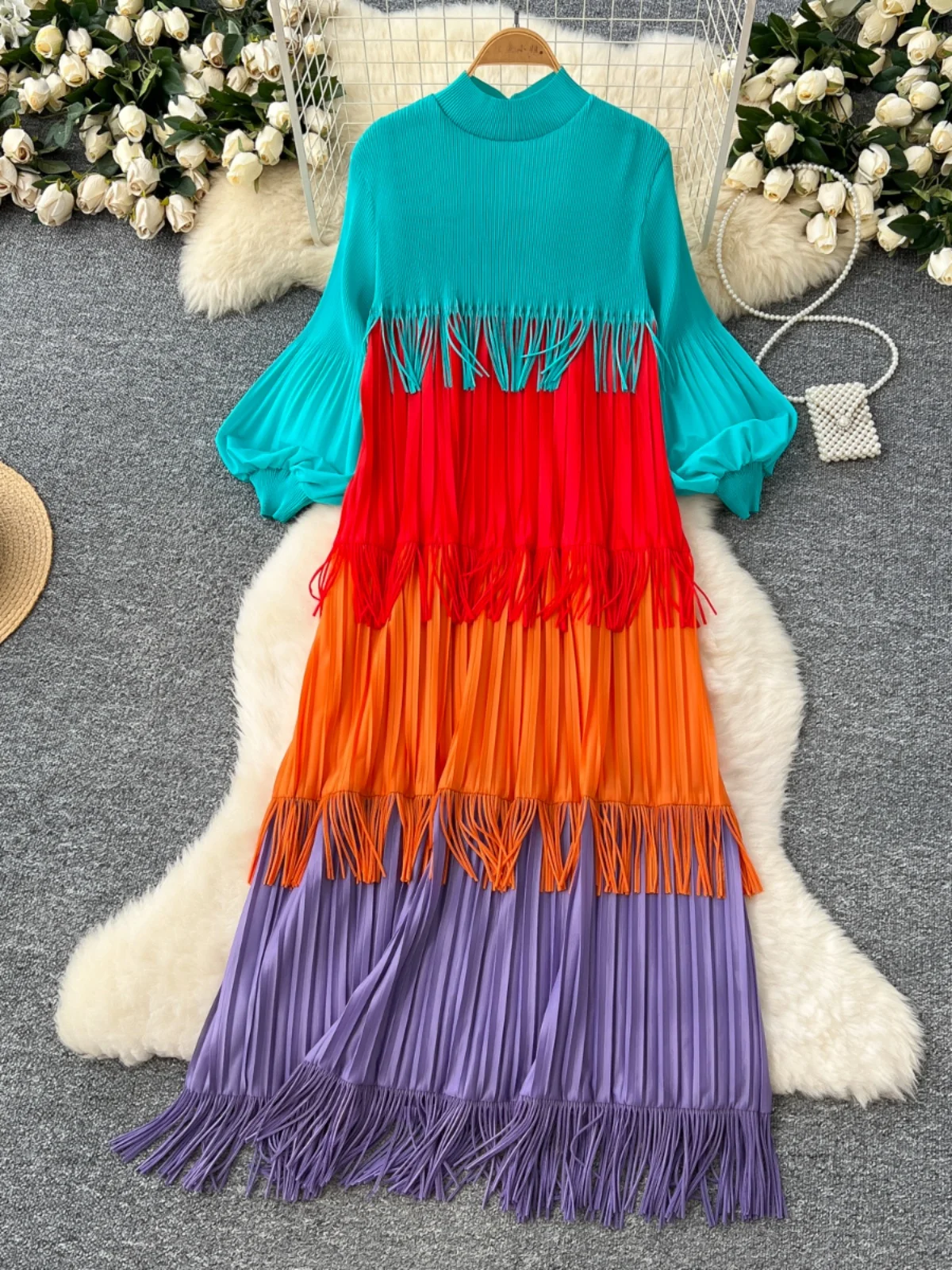 Nomikuma Fashion Dress for Women Spring 2025 Spring New Causal Color Blocked Tassel Long Vestidos