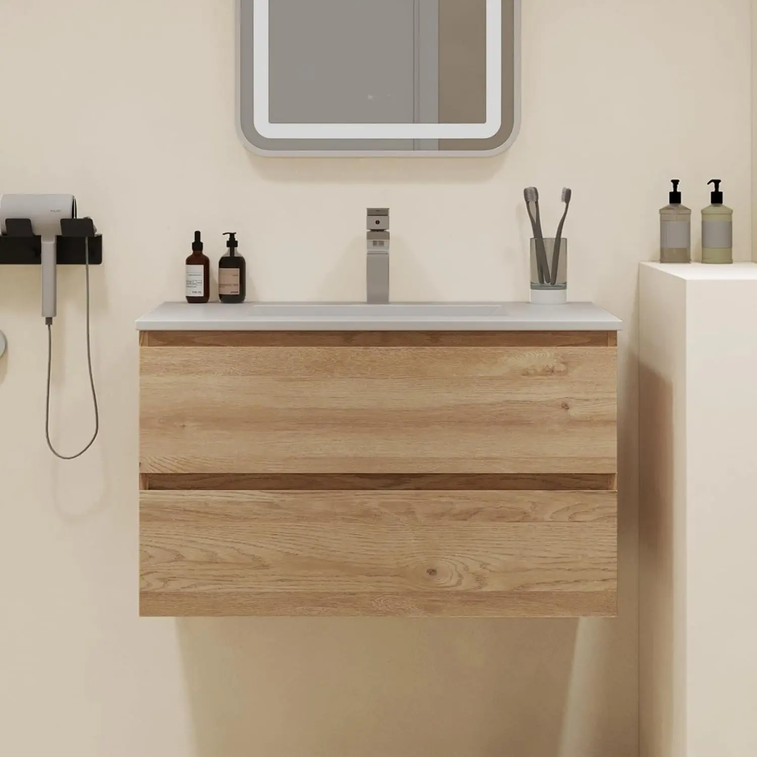 

Подвесная тумба для ванной с раковиной, 2 выдвижных ящика с доводчиками, влагостойкий МДФ, большая, на заказ