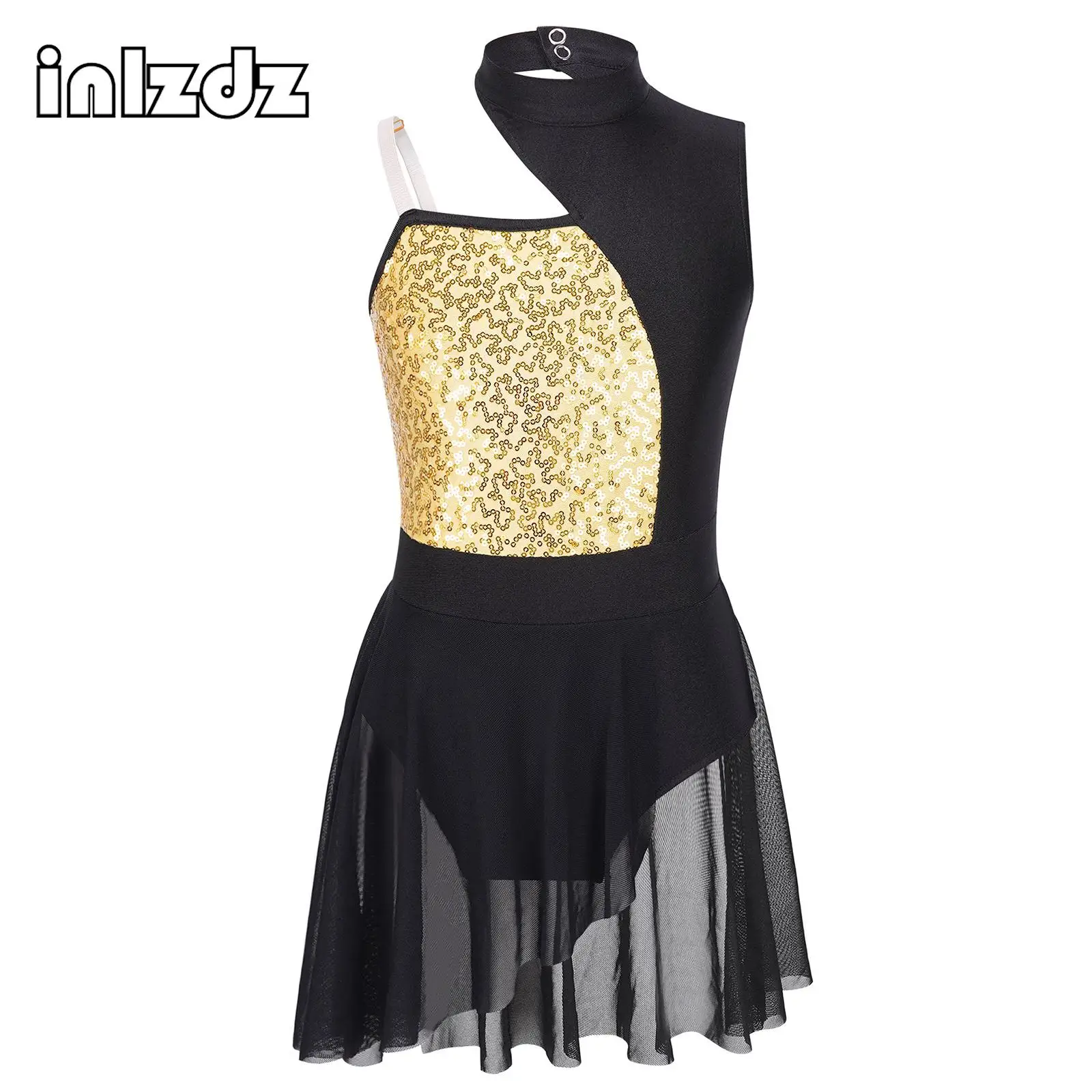 

Kids Girls Ballet Dance Off Shoulder Dress Shiny Sequins Mesh Clothing Sleeveless Round Collar Patchwork Dance Performance Dress