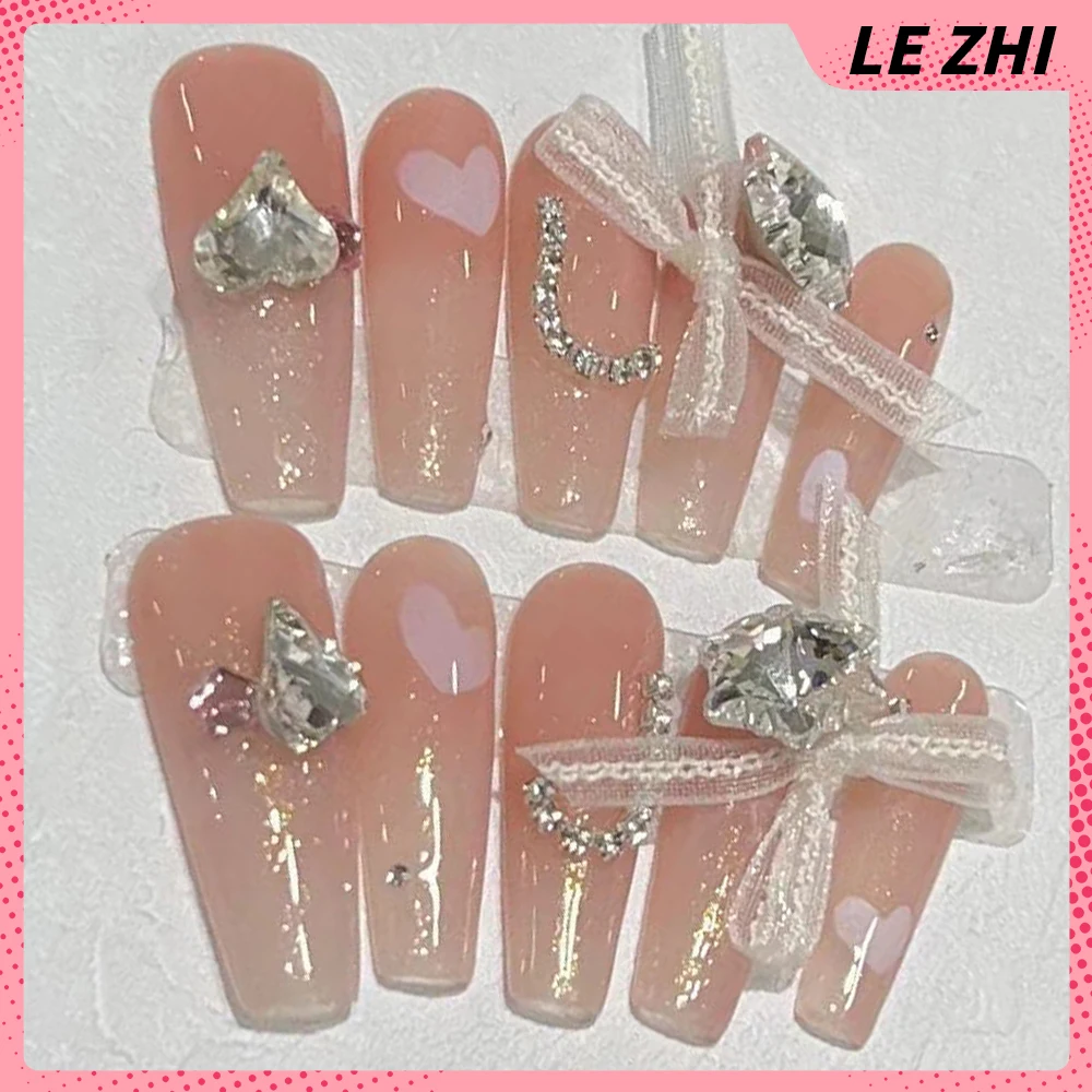 Heart Shaped Diamond Daisies Pearl Full Cover Nails Artificial French Retro Cat Eyes Ballerina Long Coffin Fake Nails Wholesale