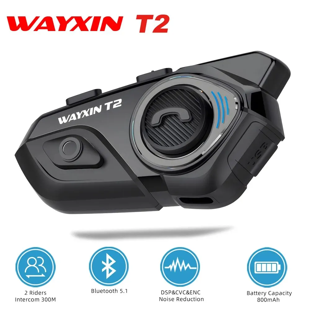 WAYXIN Helmet Headset T2 Motorcycle Bluetooth Intercom For 2 Rider 300M Intercomunicador Moto Interphone BT 5.1 Waterproof Biker