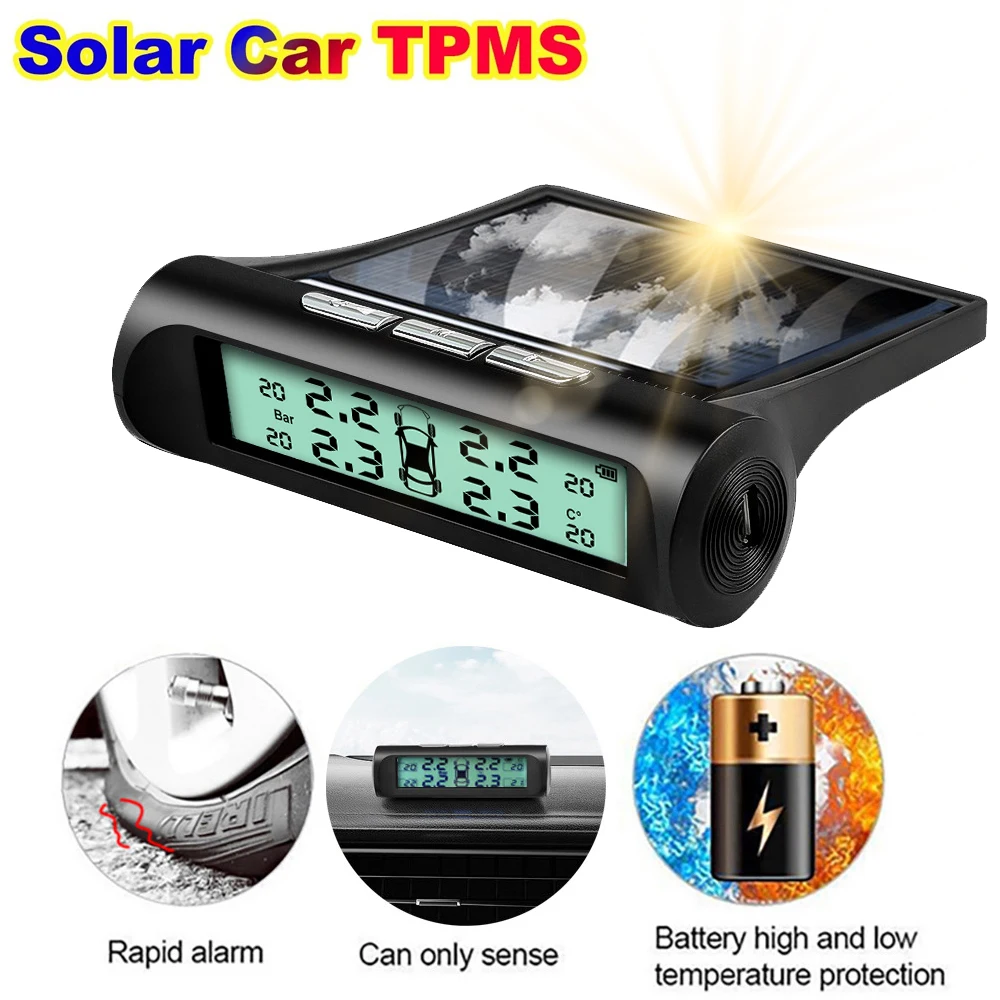 Solar Powered TPMS Car Tyre Pressure Monitoring System LCD Display Auto Security Alarm Tester Automotive Test with 4 Sensors