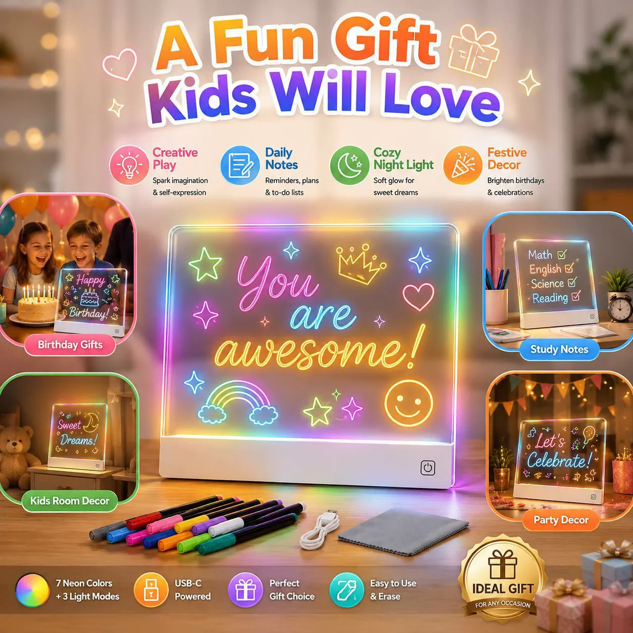 Touch-to-charge LED notepad, light-up drawing board, message board, drawing book, writing board with stand, colorful DIY