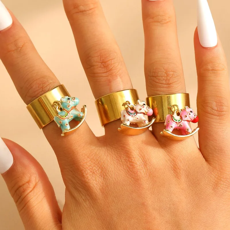 

Fashionable Y2K Colored Pony Pendant Stainless Steel Ring, Cute Carousel Pendant Ring for Trendy Women, Trendy Holiday Gift