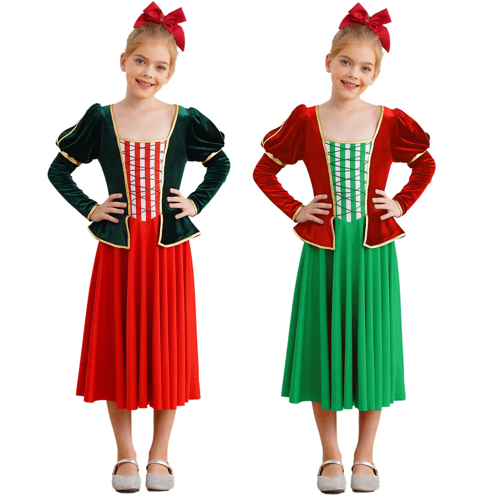 Dziewczęcy kostium bożonarodzeniowy Candy Cane Costume Jazz Dance Dress Princess Dress Stripes Print Velvet for Xmas Dance Party Performance Outfits