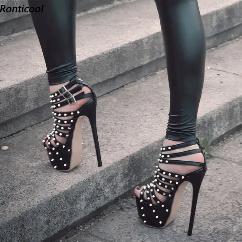 

Ronticool/Новые женские летние сандалии-гладиаторы, пикантные туфли на шпильке с круглым носком, довольно черные вечерние туфли, женские размеры США 35-52