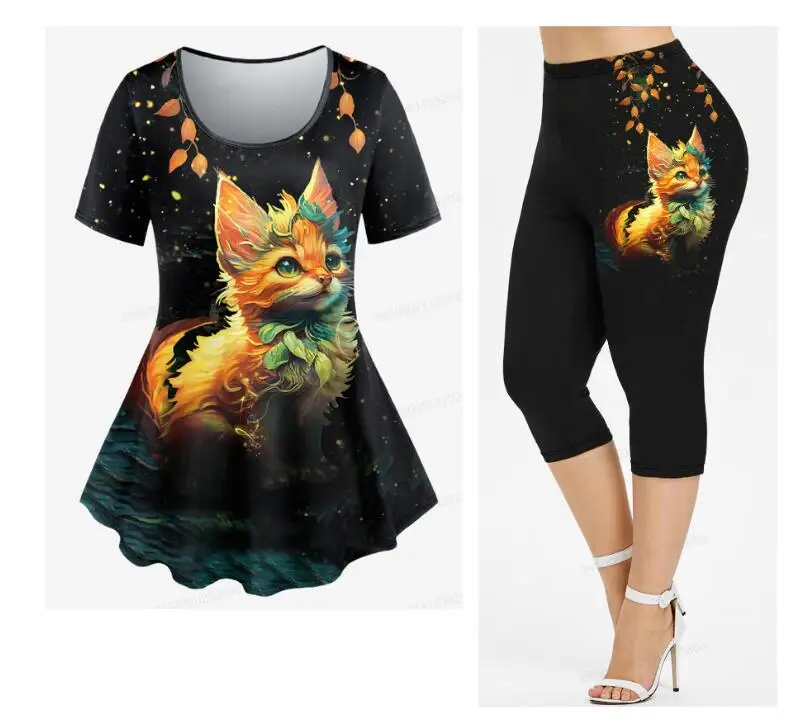 3D Printed T-shirt Or Capri Leggings Women Plus Size Short Sleeves Top Midi Pant Matching Set XS-6X Outfit Can Choose