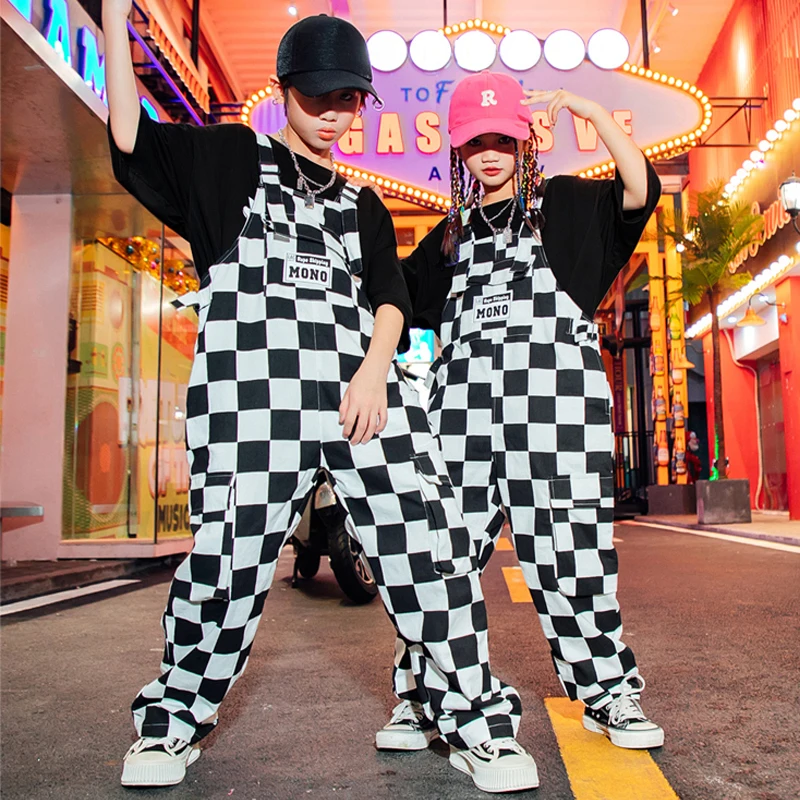 2022 Fashion Kids Clothes Girls Hip Hop Costume Black T-Shirt Plaid Pants Boys Drum Show Clothing Kpop Concert Dance Wear BL8836