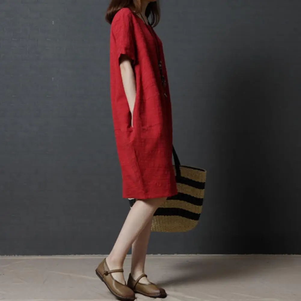 

Round Neck Summer Dress Stylish O Neck Knee Length Summer Dress with Side Pockets Casual Comfy Midi Dress for Women Women A-line