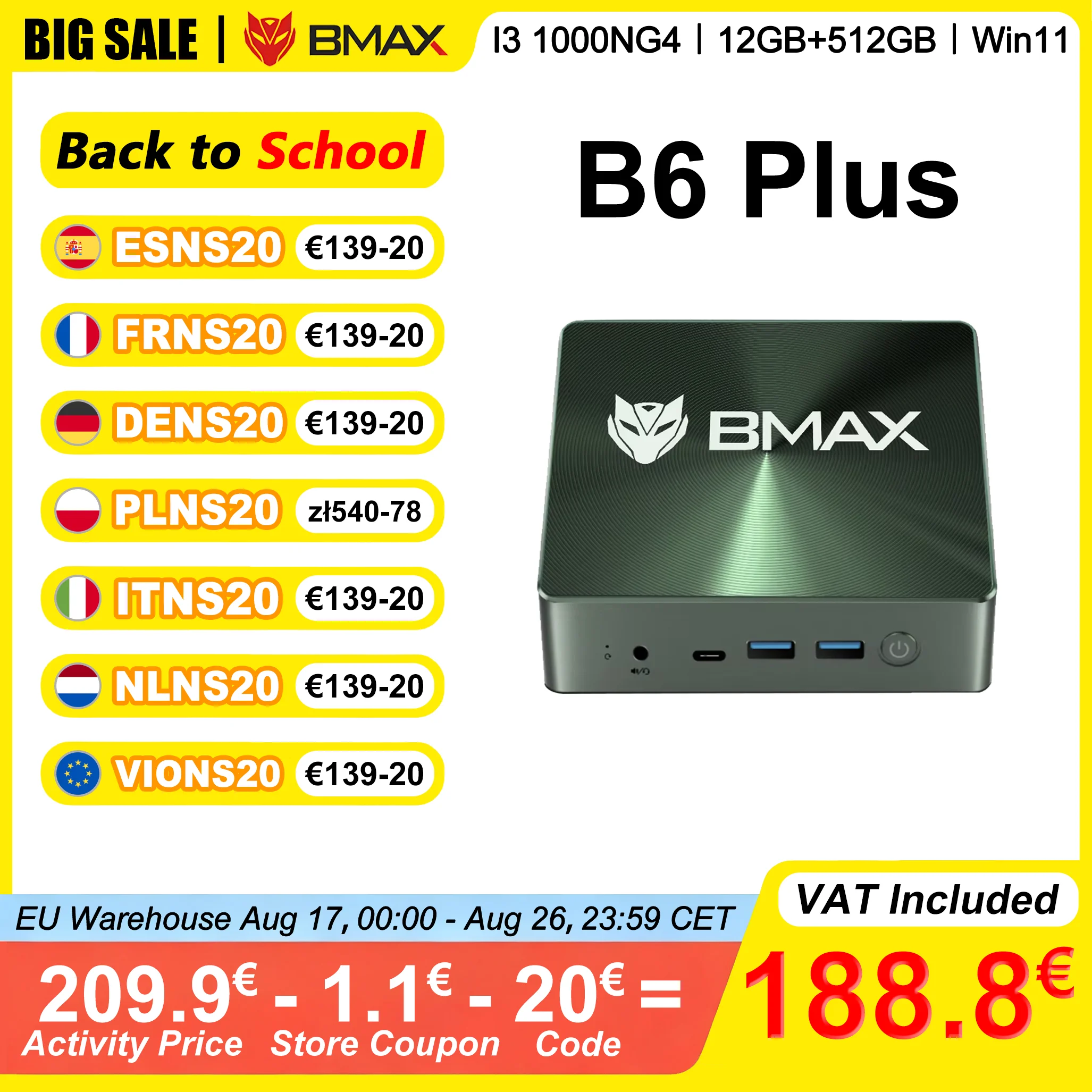 BMAX B6 Plus Mini-PC Intel I3 1000 NG4 12GB RAM 512GB SSD ROM Windows 11 WLAN USB HDMI Bluetooth 4.2