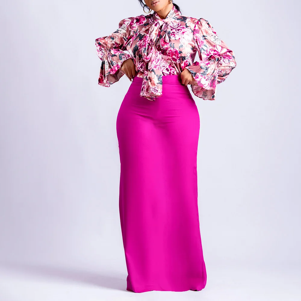 

D323 Women's Fashion 2026 New Printed Tie Long Sleeve Shirt And Midi Skirt Two-Piece Set