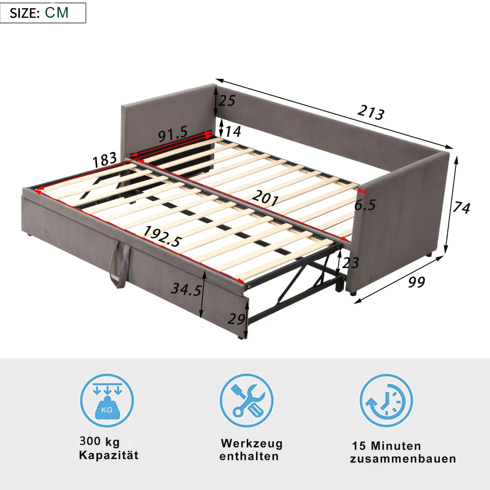 Comanlai 90/180×200 cm slaapbank met uittrekbaar bed, bedframe dat uitklapbaar is tot een tweepersoonsbed, logeerbed van dezelfde hoogte