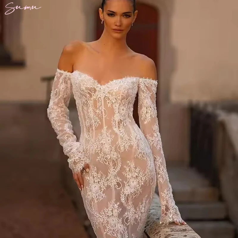 فستان زفاف رائع طويل حورية البحر من الدانتيل فستان زفاف مثير بدون حمالات الوهم قبالة الكتف عتيق بدون ظهر فيستدوس دي نوفيا