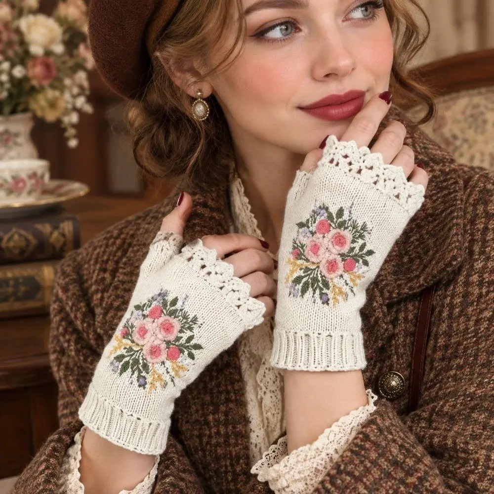 Vintage Embroidery Knitted Gloves Embroidered Floral Thick Fingerless Gloves Korean Style Warm Touchscreen Gloves Winter