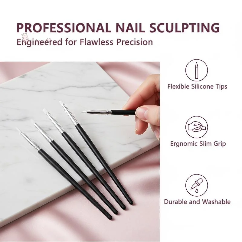 [H] 5Pcs/Set Silicone Nail Art Pen Brush UV Gel Polish Tip 3D Image DIY Dotting Polish Brushes Sculpture Pen DIY Manicure Tool