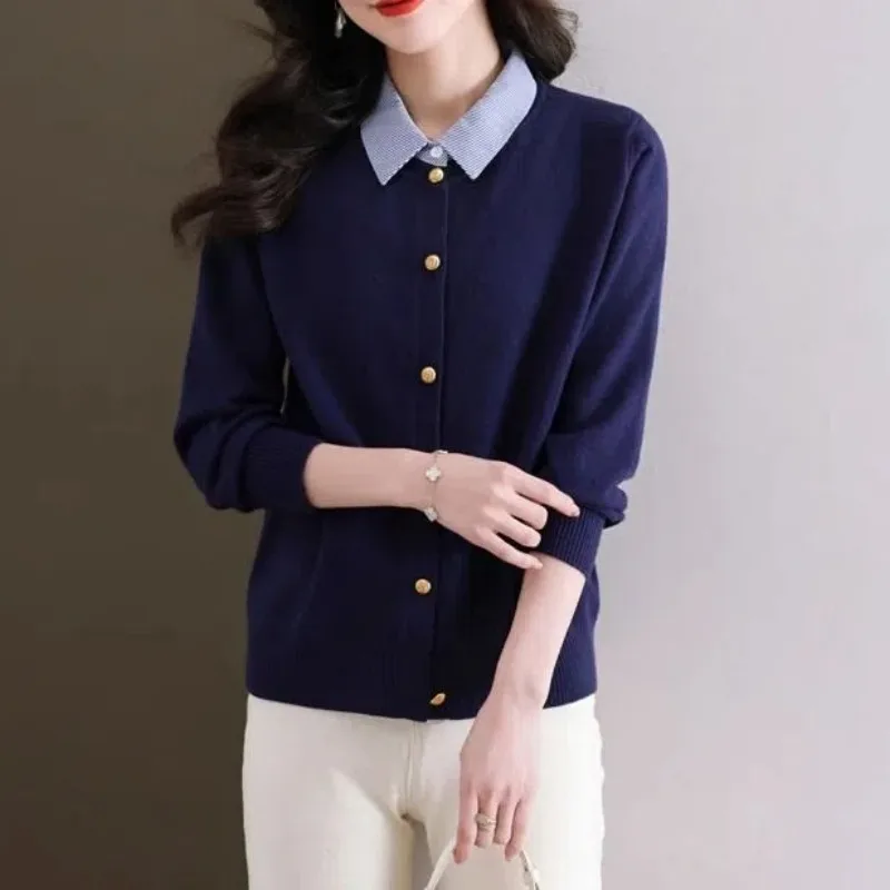 

Button Lantern Long Sleeve Striped Patchwork Sweater Knitted Cardigan Coats Autumn Winter Turn-down Collar Contrast Color Tops