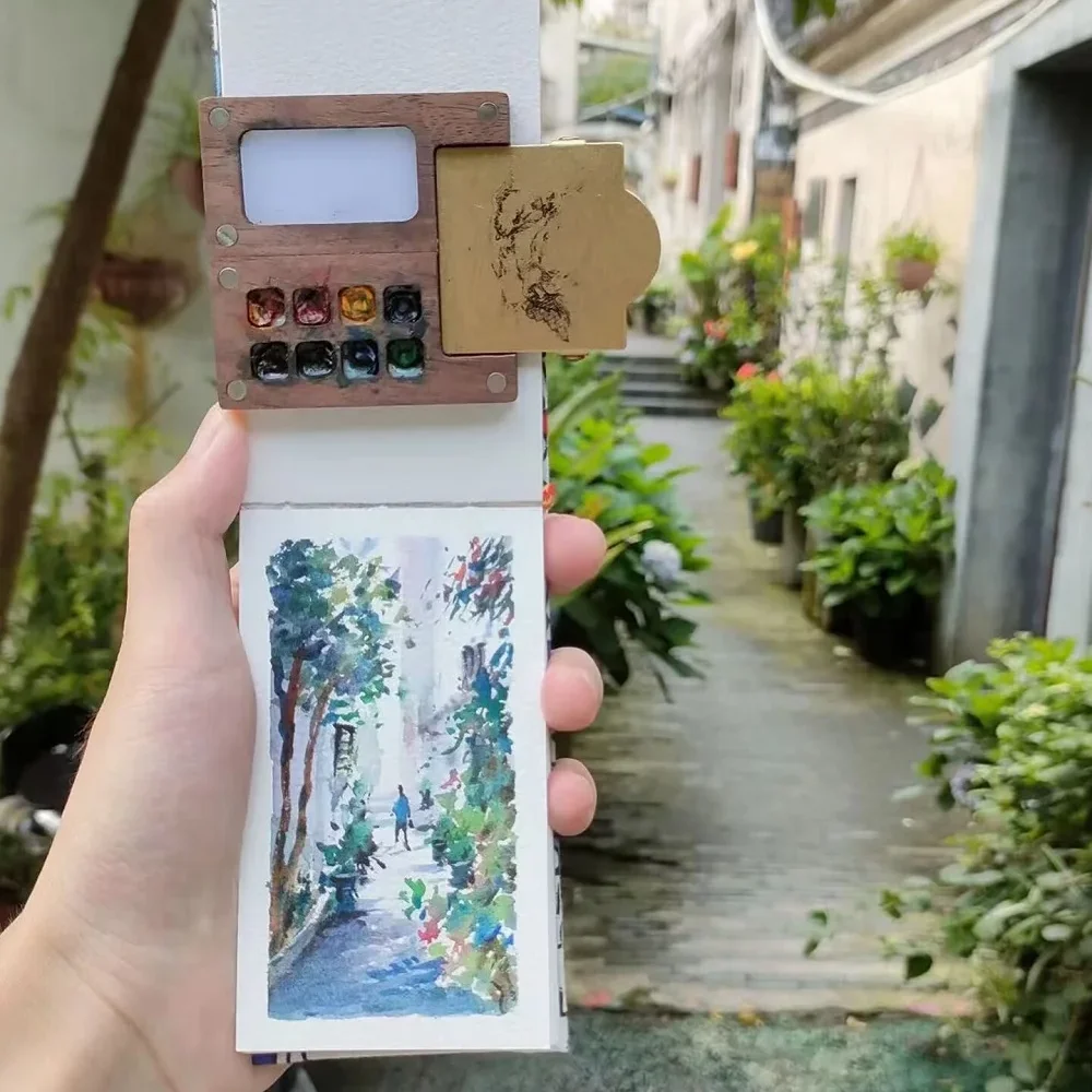 Empty Box Mini Watercolor Paint Palette Black Walnut Wooden Wooden Paint Empty Box 8 Grid Portable