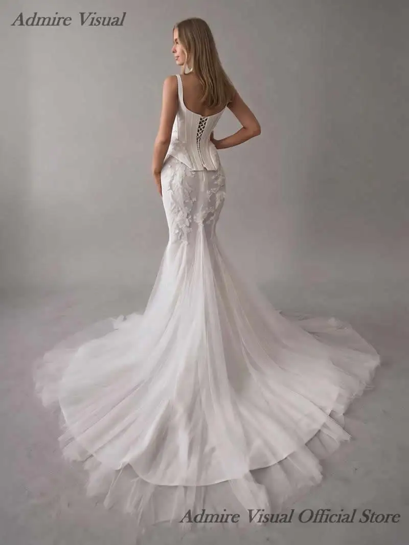 Admire Visual Classic Wedding Dress Mermaid Satin Boat Neck Neckline Sleeveless With Shoulder Straps Customized Bride Gowns