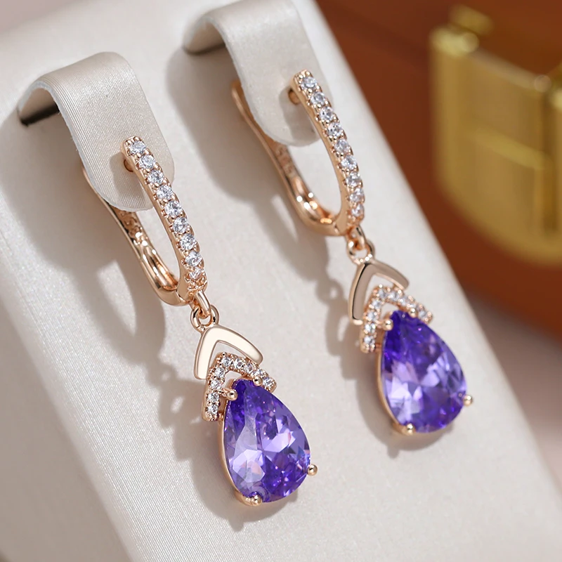 Geometric Drop Purple Zircon Earrings for Women Vintage Fashion Jewelry Elegant Pink Dangle Sparkling Clasp Party Accessories